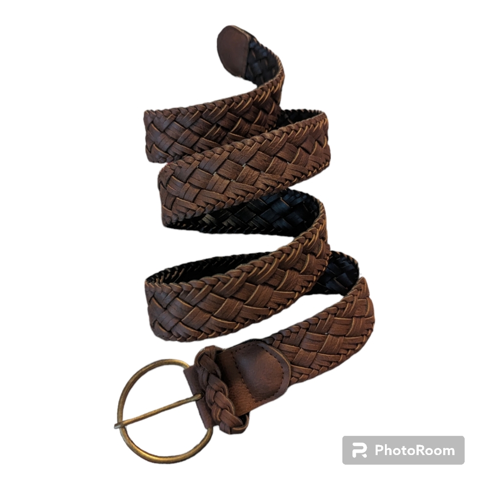 Brown Faux Leather Woven Belt With Antiques Brass Tone Buckle Women's 10